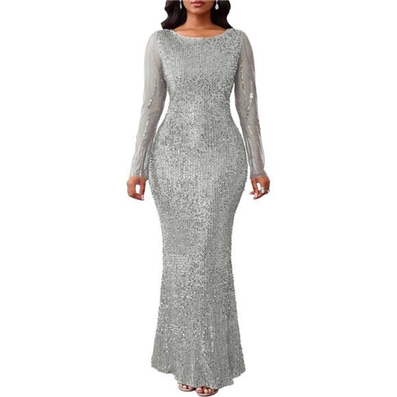 Women's Sequins Round Neck Long Sleeve Maxi Dress Light Grey - Picture 1 of 6